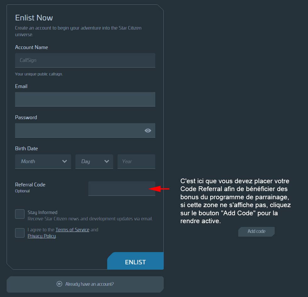 Formulaire Enlish Now: Où placer le Referral Code à la création du compte Star Citizen ?