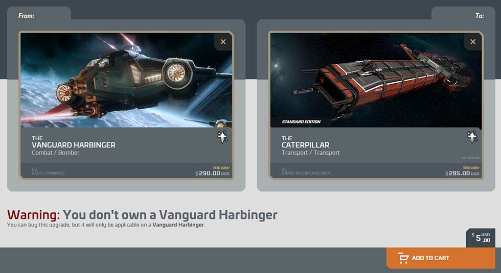 Star Citizen CCU Vanguard Harbinger to Caterpillar