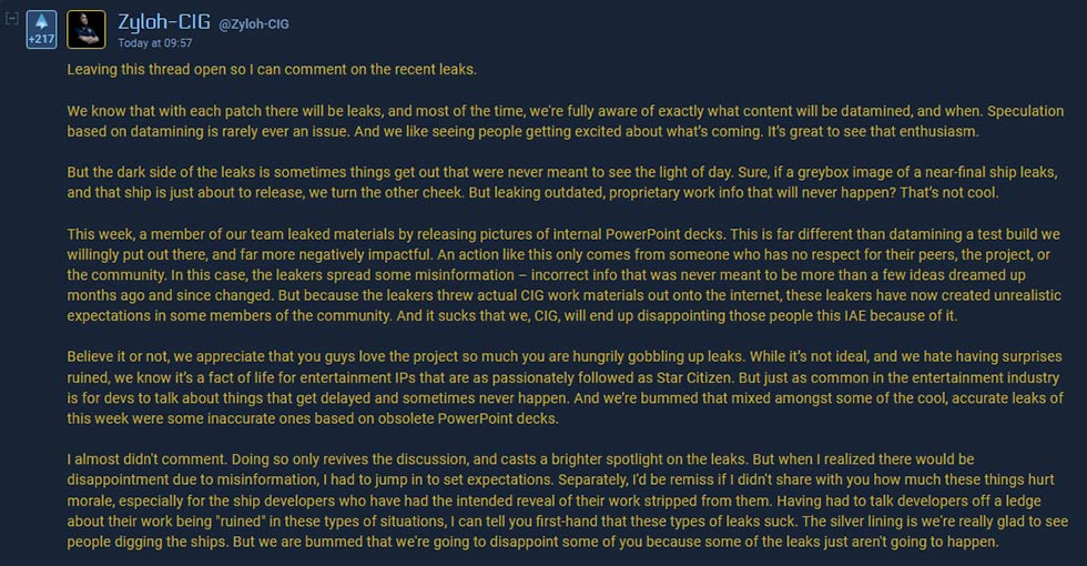 Star Citizen Message de Zyloh sur les Leaks de l'IAE 2952