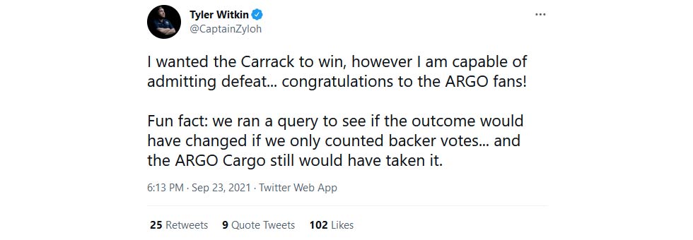 Star Citizen Tweet Tyler Witkin ARGO MPUV Win