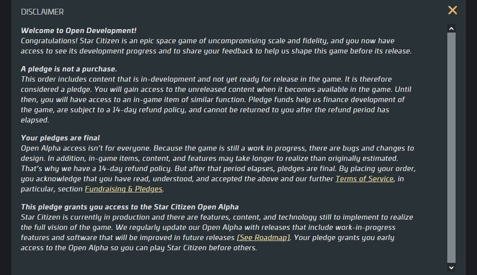 Star Citizen Capture du DISCLAIMER lors d'un achat sur roberts Space Industries