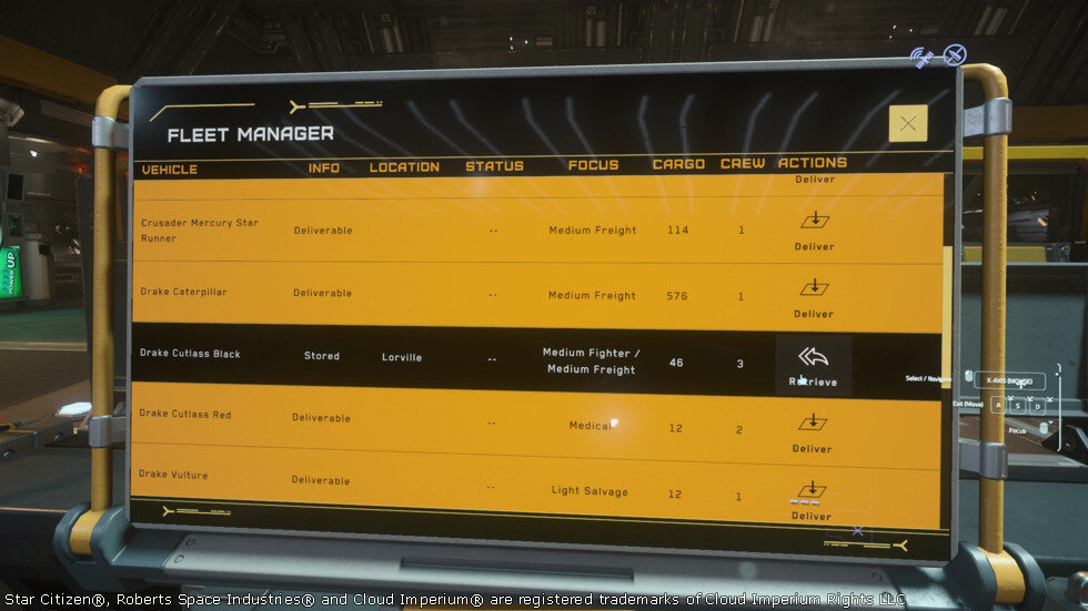 Star Citizen, Console de récupération des véhicules