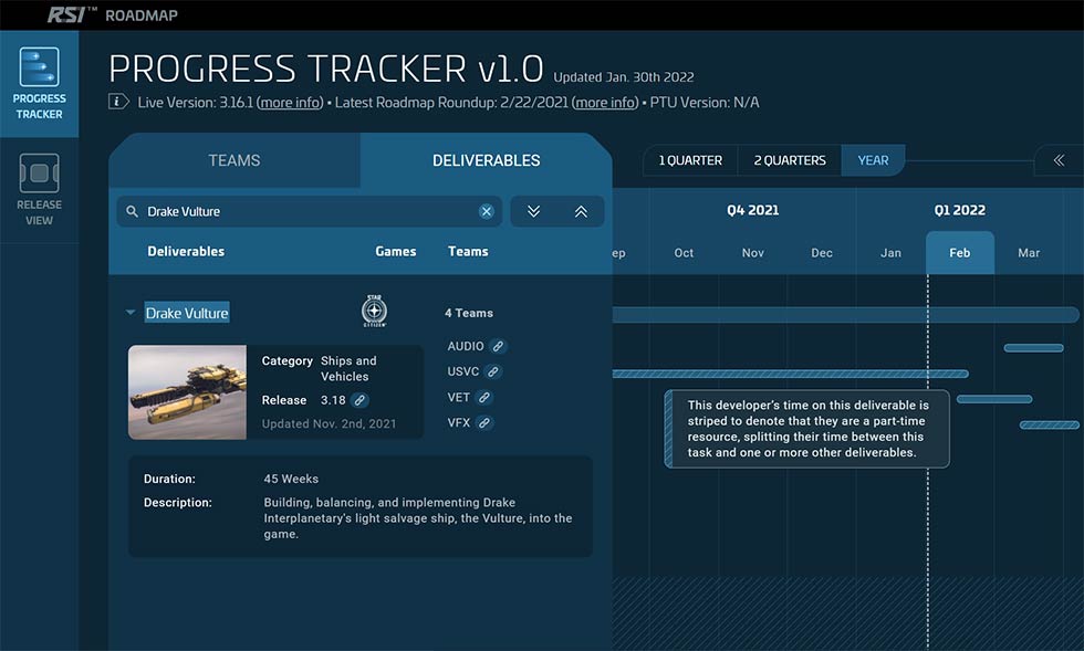 Star Citizen Un livrable sur le Progress Tracker développé pour montrer les détails